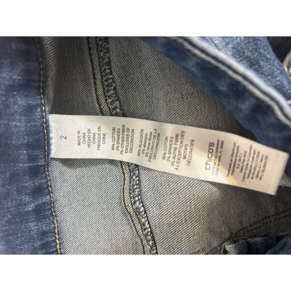 Chico's Platinum Sz 2 (US 12 L) Lace Applique Roll Cuff Crop Jeans Boho - Picture 10 of 11